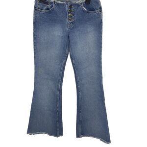 Vintage LEI Flare Denim Jeans Low Rise Raw Hem Exposed Button Fly Womens 10 Blue